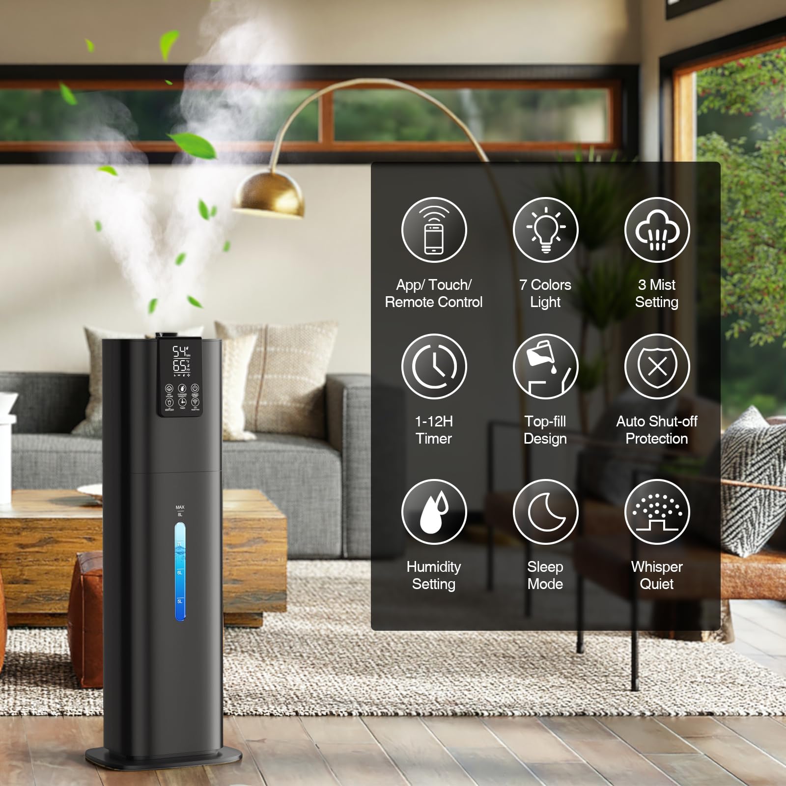 Honovos Smart Humidifiers Large Room Bedroom Home, 2.11Gal(8L) Quiet Top Fill Cool Mist Humidifier, Smart App & Remote Control, 3 Speed Humidifier with 360° Nozzle, Humidity Setting for Baby Office