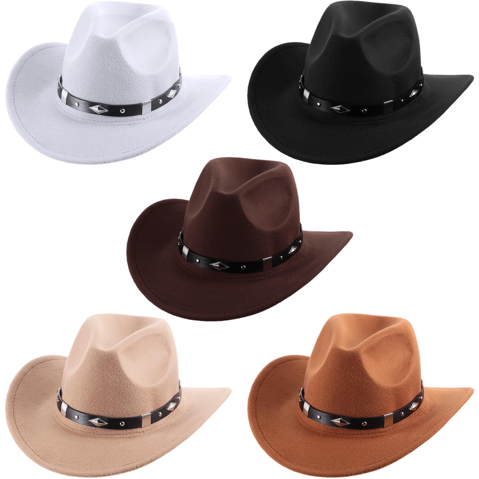 Toulite 5 Pieces Cowboy Hats for Women Men Bulk Classic Western Cowboy Hat Men Felt Wide Brim Cowgirl Hats Women Belt Buckle Panama Hat for Adults Kids