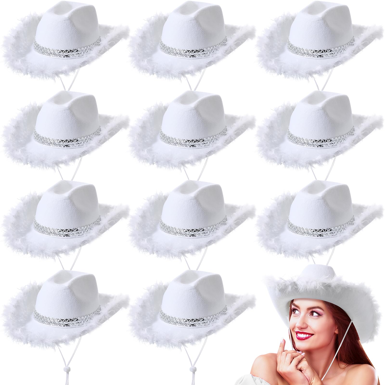 Unittype 12 Pcs Feather Sequin Cowgirl Hat for Women Party Birthday Halloween Western Costume Role Playing (White)