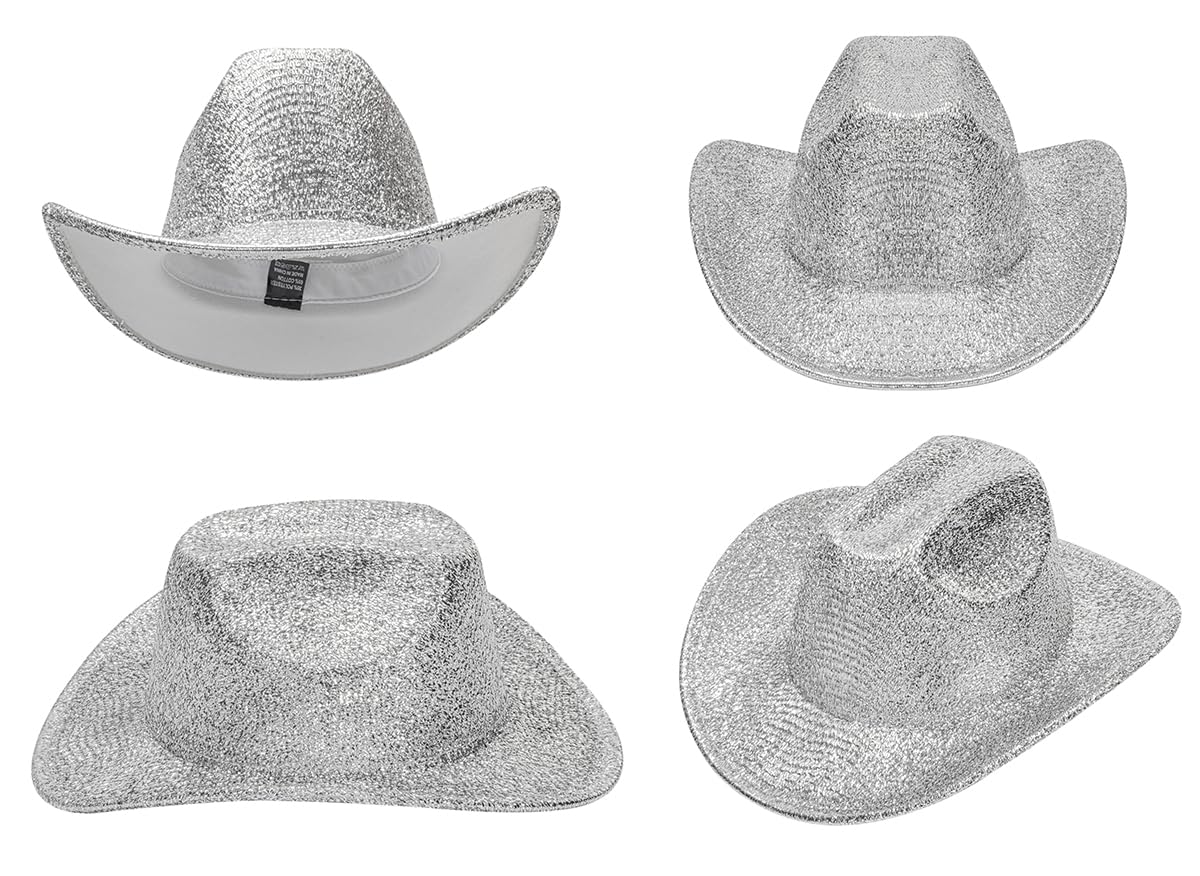 Silver Space Cowboy Hat - Sparkly Glitter Holographic Cowgirl Hat Rave Hat for Bachlorette Party Halloween(M)