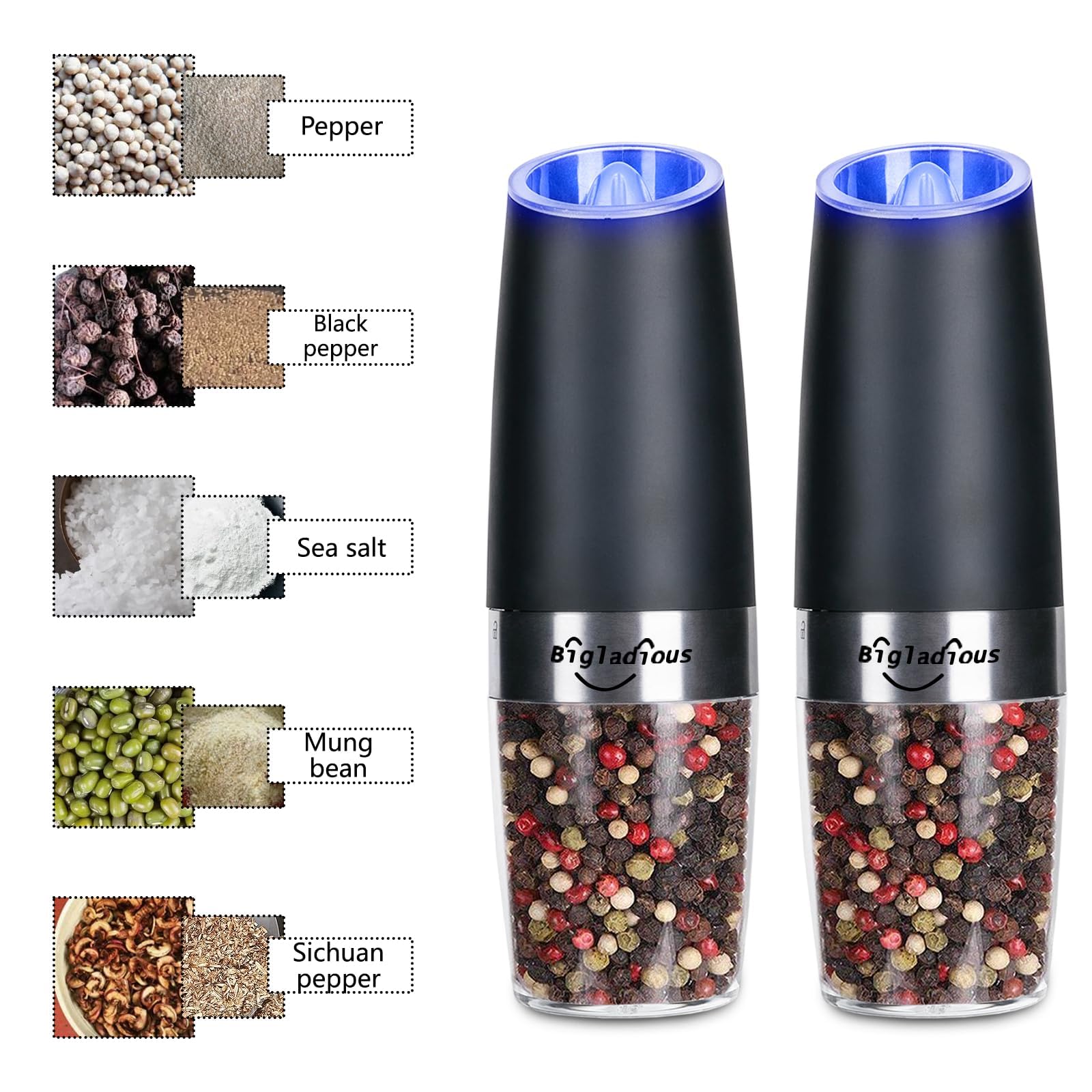 Gravity Electric Salt and Pepper Grinder Set, 2 Pack Food Grade Stainless Steel Automatic Black Pepper Mills, Battery-Powered with LED Lights, Adjustable Coarseness, One Hand Operation (Black)