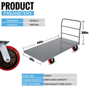 5Seconds Flatbed Platform Cart Industrial Dolly Cart Heavy Duty 60” x 30” Platform Hand Truck Push Cart Super Heavy Duty Flatbed Cart with 3000Lb Capacity 8'' Swivel Wheels Commercial Moving Cart