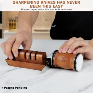 Rolling Knife Sharpener Tool Kit, 5-in-1 Knife Sharpening for Steel of any Hardness, Magnetic Base with Two Fixed Angles - 15°&20°，Wooden Roller with Diamond and Ceramic Discs