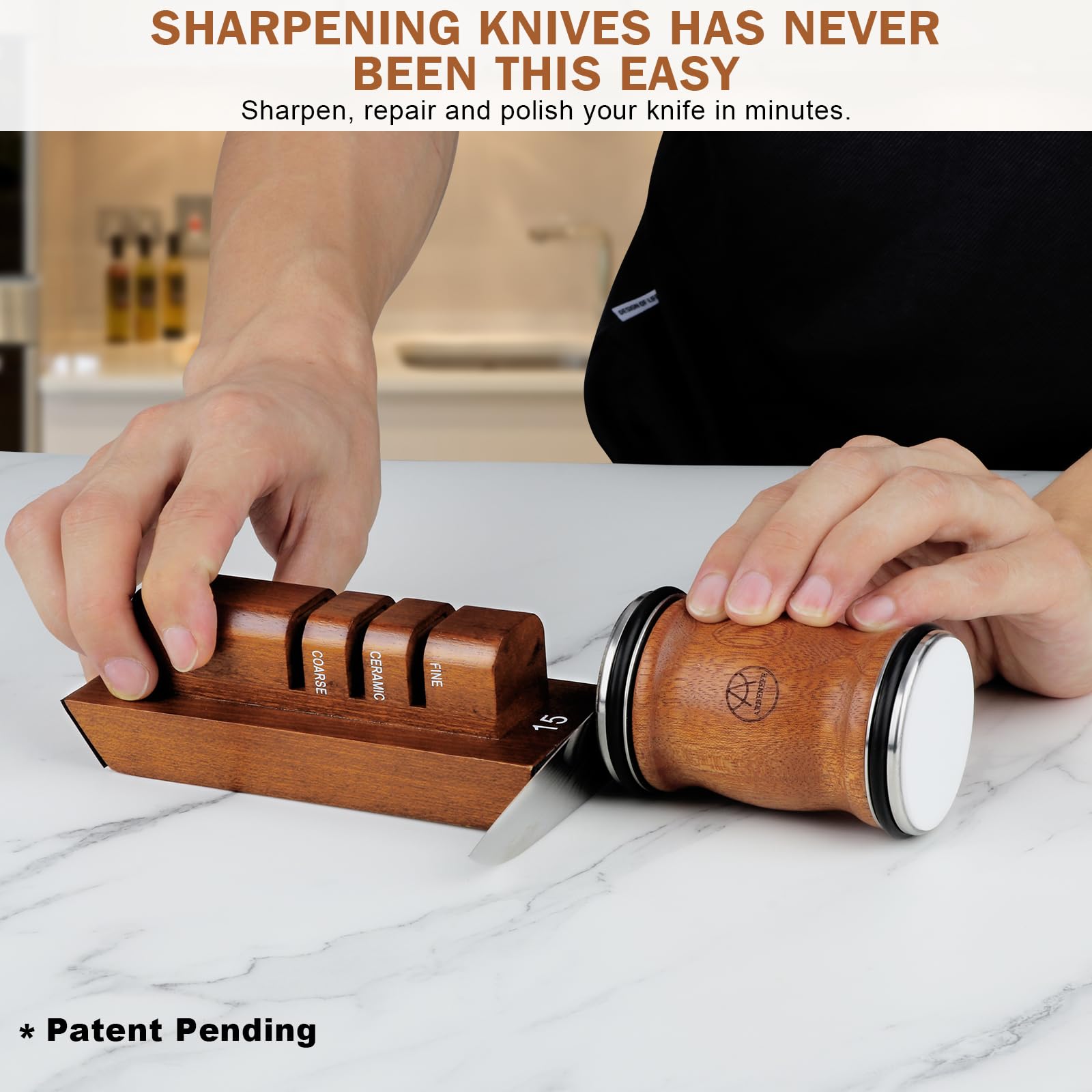 Rolling Knife Sharpener Tool Kit, 5-in-1 Knife Sharpening for Steel of any Hardness, Magnetic Base with Two Fixed Angles - 15°&20°，Wooden Roller with Diamond and Ceramic Discs