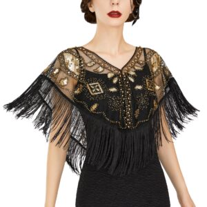 SWEETV Women's 1920s Shawl Wraps,Sequin Beaded Flapper Evening Shawls for women Formal/Party/Wedding/Formal/Harlem night,Flapper Accessories for Women,Black Gold