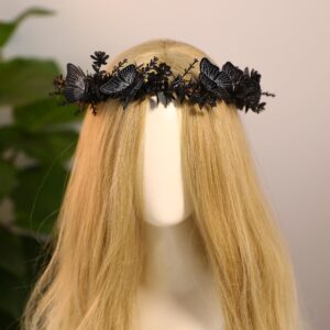 MOSTORY Handmade Black Flower Butterfly Crown - Gohic Elf Headpiece Fairy Floral Headband Dark Wreath for Women Girls Halloween Renaissance Cosplay Festival Witch Party