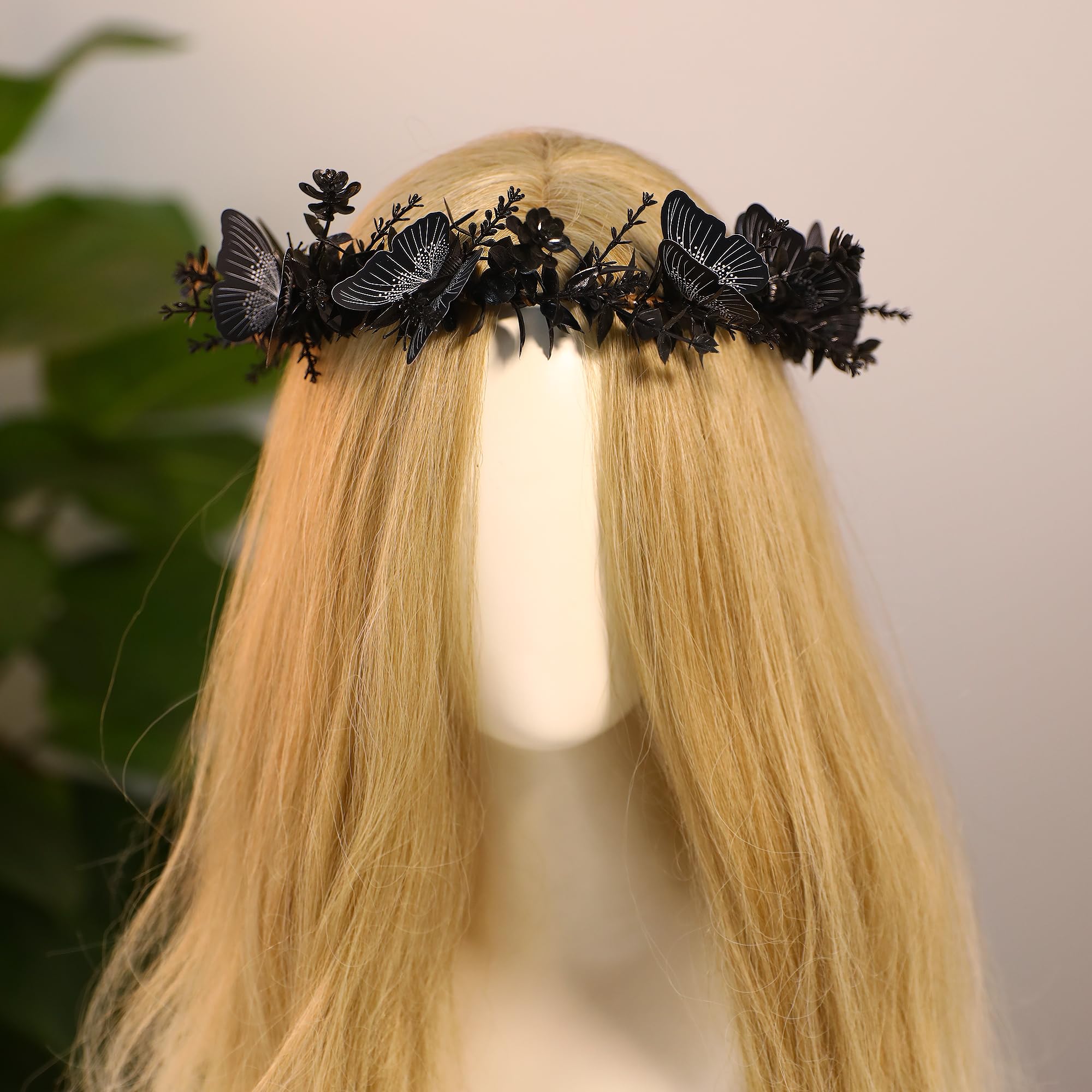 MOSTORY Handmade Black Flower Butterfly Crown - Gohic Elf Headpiece Fairy Floral Headband Dark Wreath for Women Girls Halloween Renaissance Cosplay Festival Witch Party