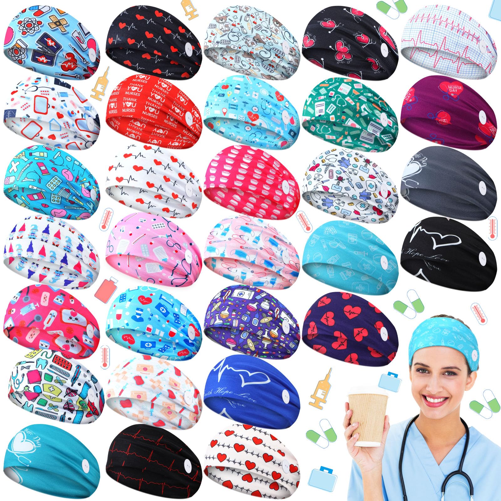 Tigeen 30 Pcs Nurse Headbands for Women Nursing Headbands with Buttons Stretch Non Slip Elastic Hair Bands Ear Protection Medical Headbands for Doctors Nurse Work Head Wraps Hairband for Sports