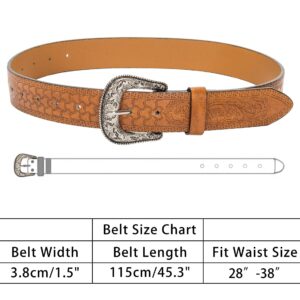 NociHah Retro-Western-Leather-Belts for Women and Men - Fashion Cowgirl Cowboy Waist-Belt Engrave Flower Buckle-Belt for Jeans Pants Dresses (Waist for 29"-39")