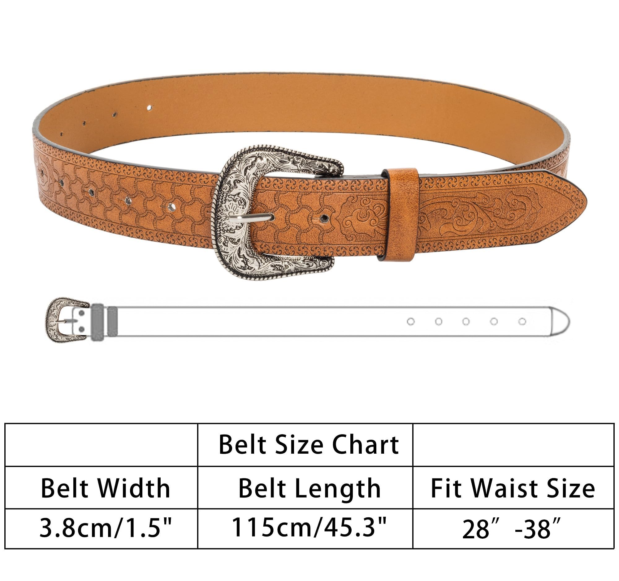 NociHah Retro-Western-Leather-Belts for Women and Men - Fashion Cowgirl Cowboy Waist-Belt Engrave Flower Buckle-Belt for Jeans Pants Dresses (Waist for 29"-39")