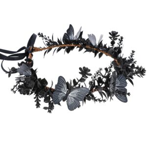 MOSTORY Handmade Black Flower Butterfly Crown - Gohic Elf Headpiece Fairy Floral Headband Dark Wreath for Women Girls Halloween Renaissance Cosplay Festival Witch Party