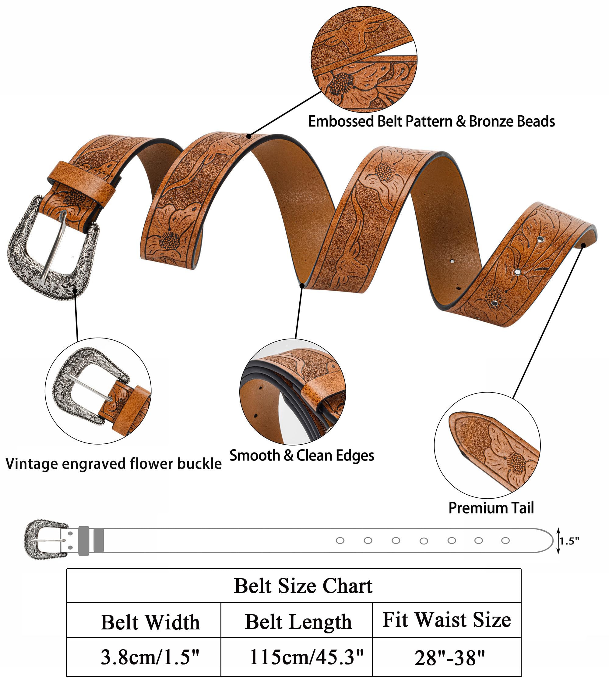 UTOWO Adjustable Vintage Western-Belts for Women Men - Engraved Buckle Cowgirl-Cowboy-Belt for Jeans fit 28-38" waist