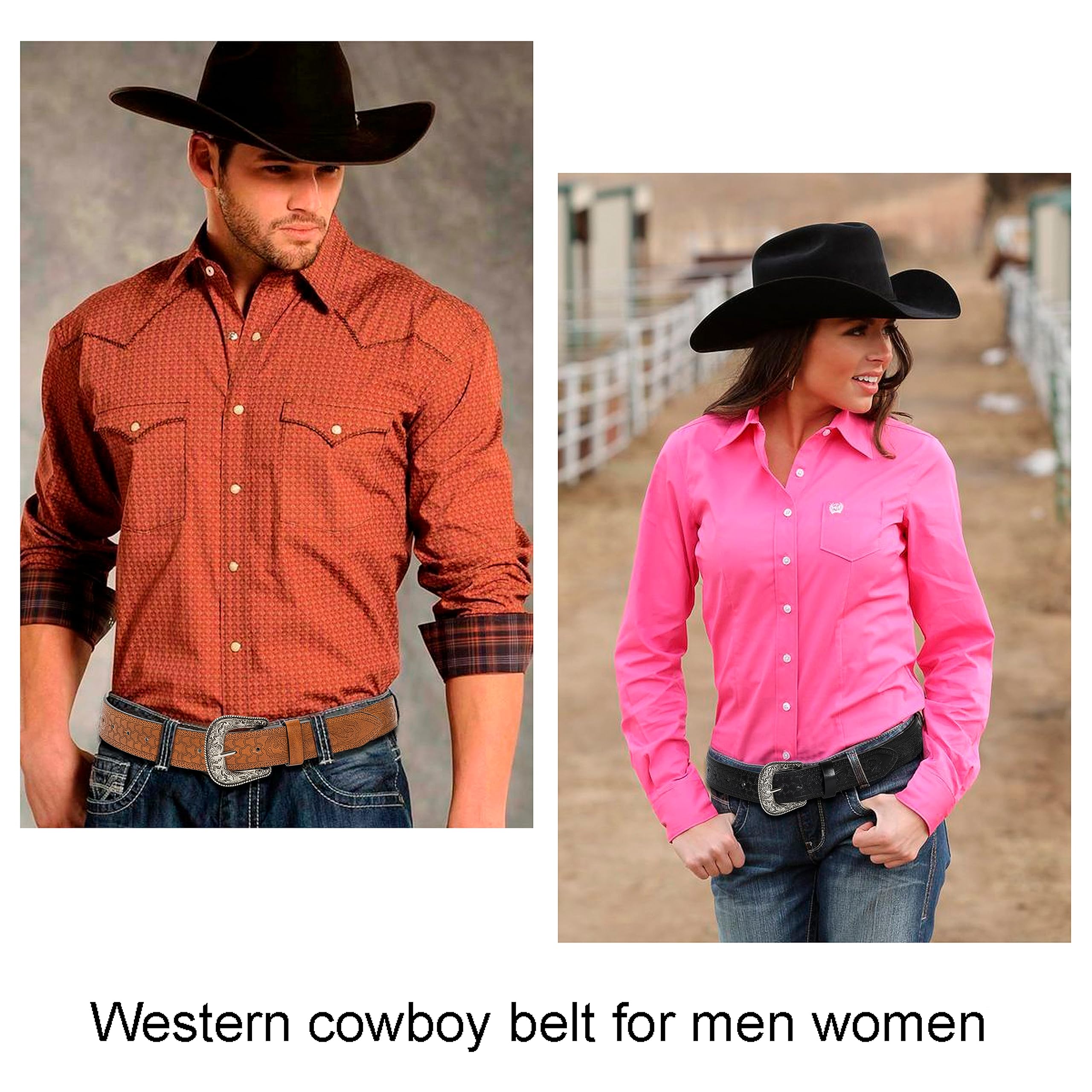 Vintage Western-Cowboy-Belt for Women Men - Carved Buckle PU Leather Waist Belts (for Waist 28"-39")