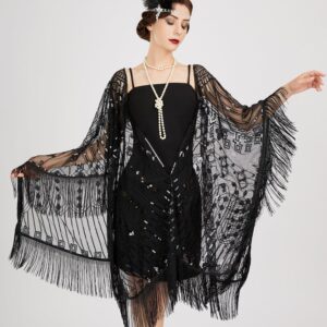 SWEETV Women's 1920s Shawl Wraps,Sequin Fringe Flapper Evening Shawls for women Formal/Party/Wedding/Formal/Harlem night,1920s Accessories for Women,Black 2