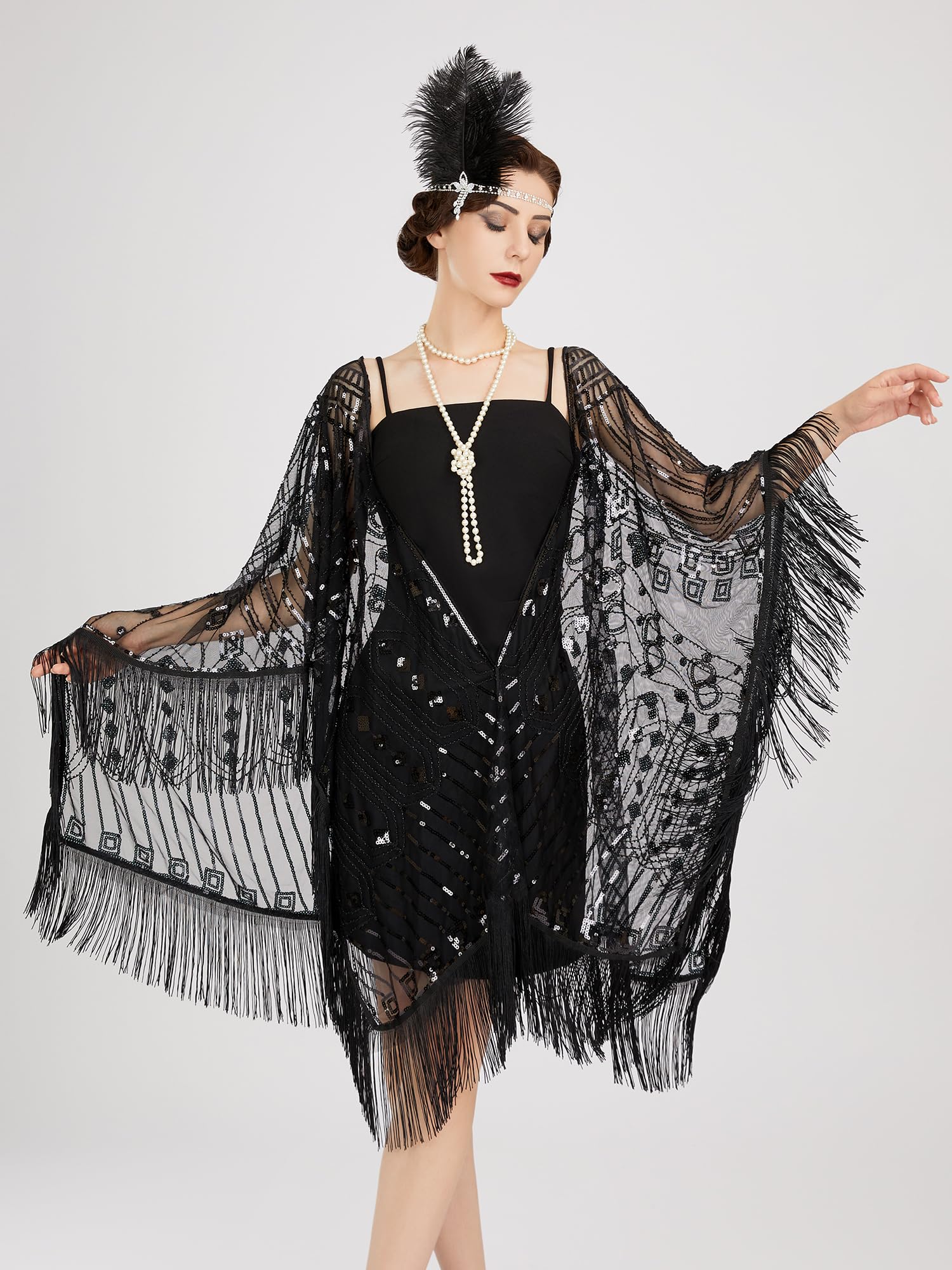 SWEETV Women's 1920s Shawl Wraps,Sequin Fringe Flapper Evening Shawls for women Formal/Party/Wedding/Formal/Harlem night,1920s Accessories for Women,Black 2