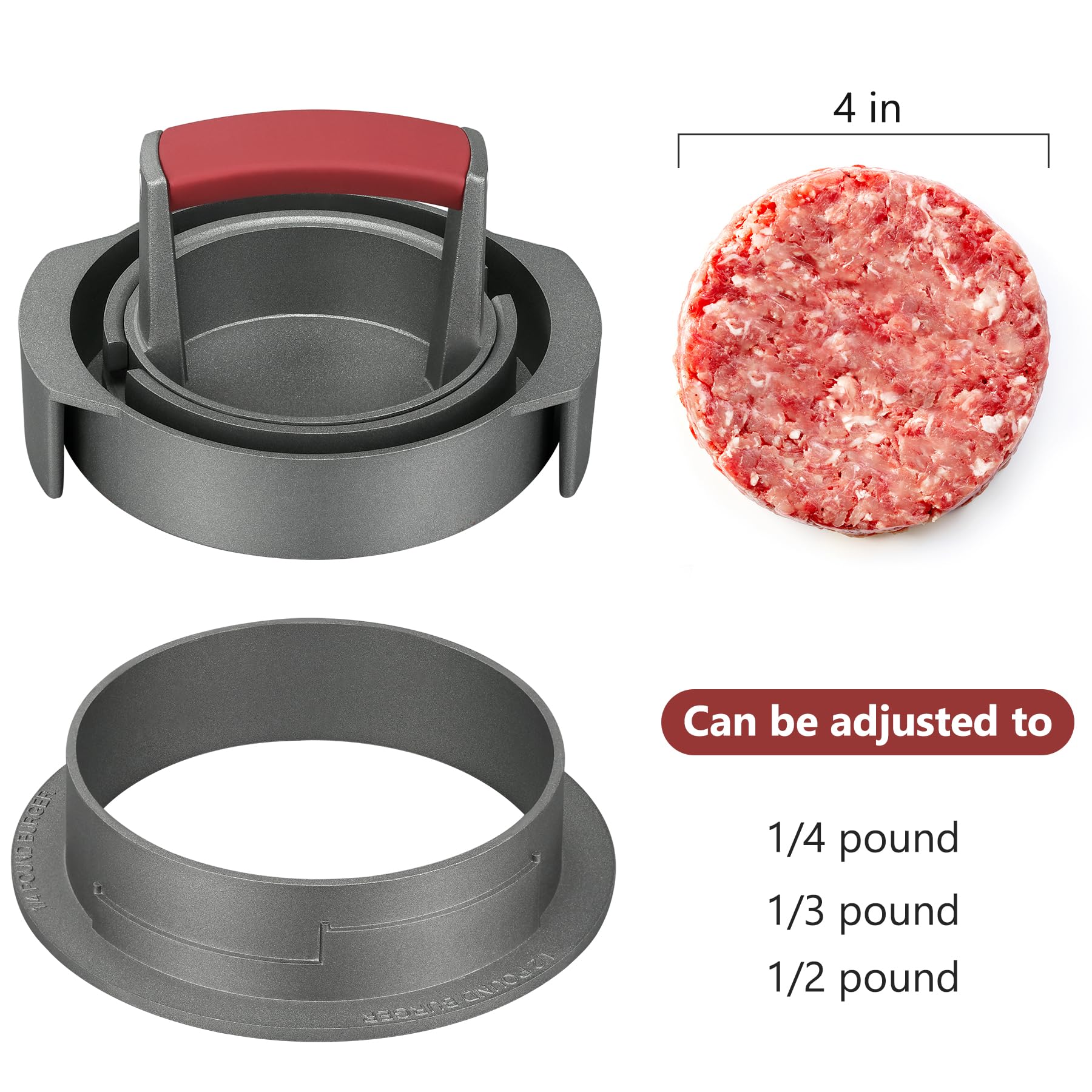 PIQUEBAR Burger Press Patty Maker 3 in 1 Stuffed Heavy Duty Hamburger Patty Maker Adjustable Burger Mold 1/2 1/3 1/4 lb Non-Stick with 100 Patty Papers