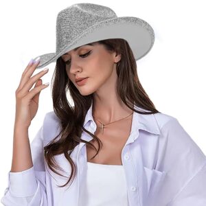 Silver Space Cowboy Hat - Sparkly Glitter Holographic Cowgirl Hat Rave Hat for Bachlorette Party Halloween(M)