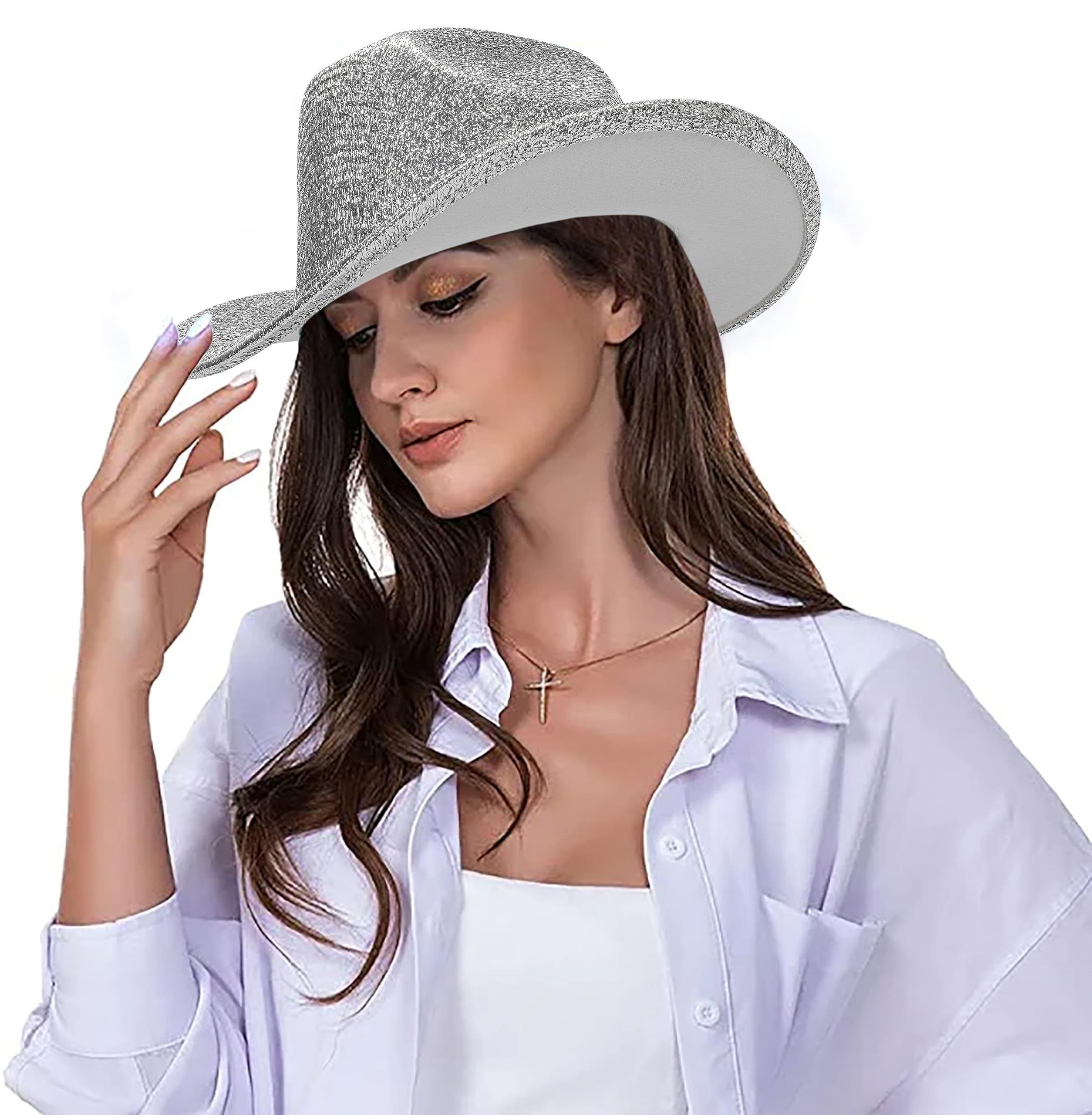 Silver Space Cowboy Hat - Sparkly Glitter Holographic Cowgirl Hat Rave Hat for Bachlorette Party Halloween(M)