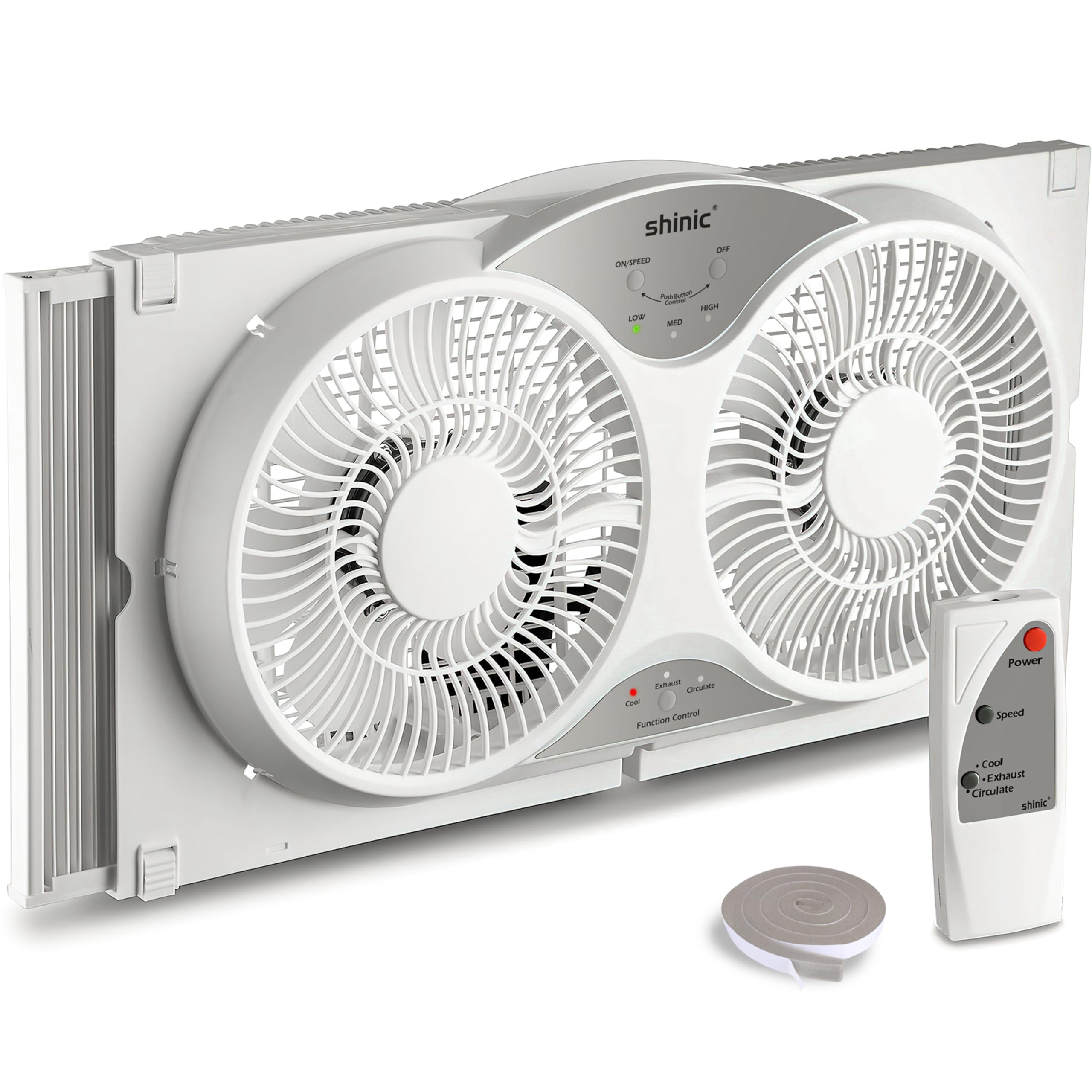 shinic 9" Twin Window Fan with Remote Control,Reversible Airflow,Removable Cover,3 Speeds, 3 Modes, Expandable Panels (From 24" to 37"),ETL Certified, White