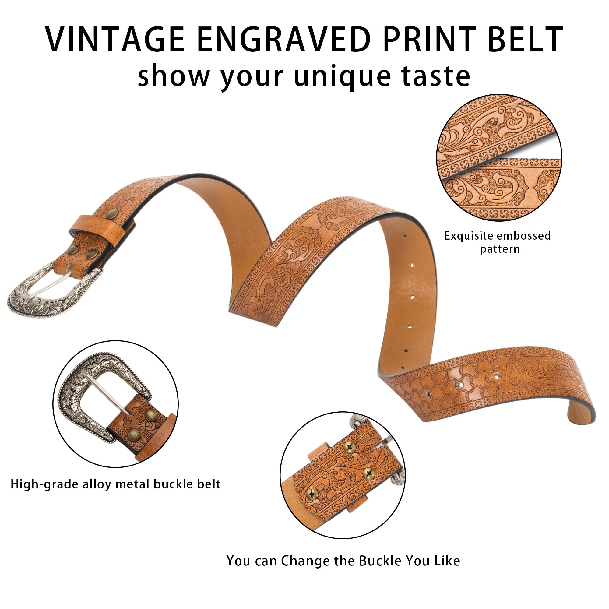 NociHah Retro-Western-Leather-Belts for Women and Men - Fashion Cowgirl Cowboy Waist-Belt Engrave Flower Buckle-Belt for Jeans Pants Dresses (Waist for 29"-39")