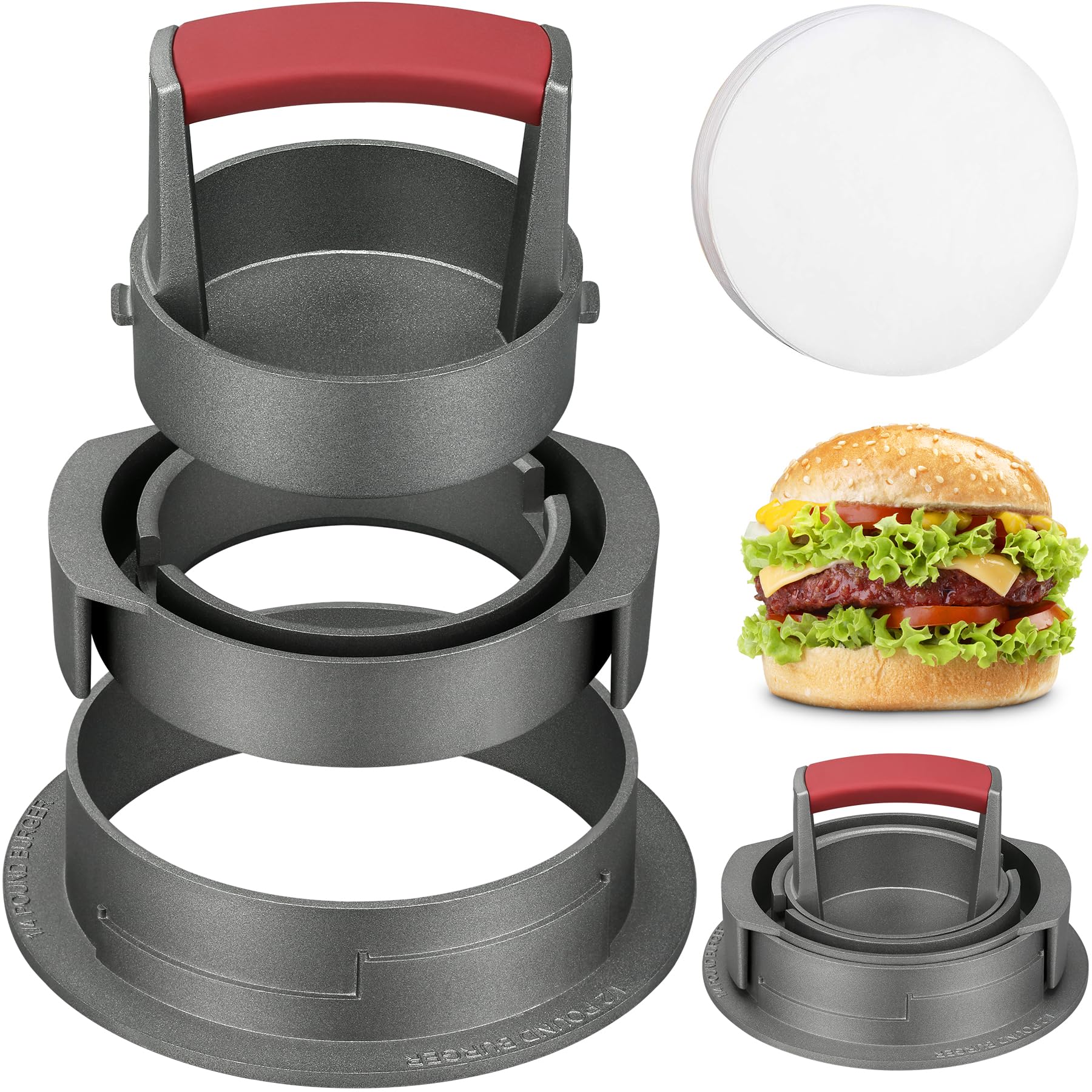 PIQUEBAR Burger Press Patty Maker 3 in 1 Stuffed Heavy Duty Hamburger Patty Maker Adjustable Burger Mold 1/2 1/3 1/4 lb Non-Stick with 100 Patty Papers