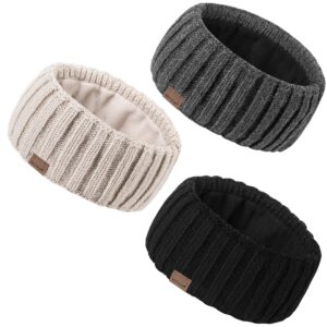 mutkis winter headbands for women 3 pack, ear warmers for women headband wool knit thick fleece lined, cold weather warm ear muffs(black&beige&dark gray)