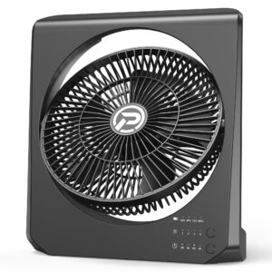 askpulion 10" portable table fan, 210° pivoting quiet air circulator, 4 adjustable speeds with strong airflow & 8hrs timer, rechargeable box fan for bathroom bedroom kitchen office and outdoor