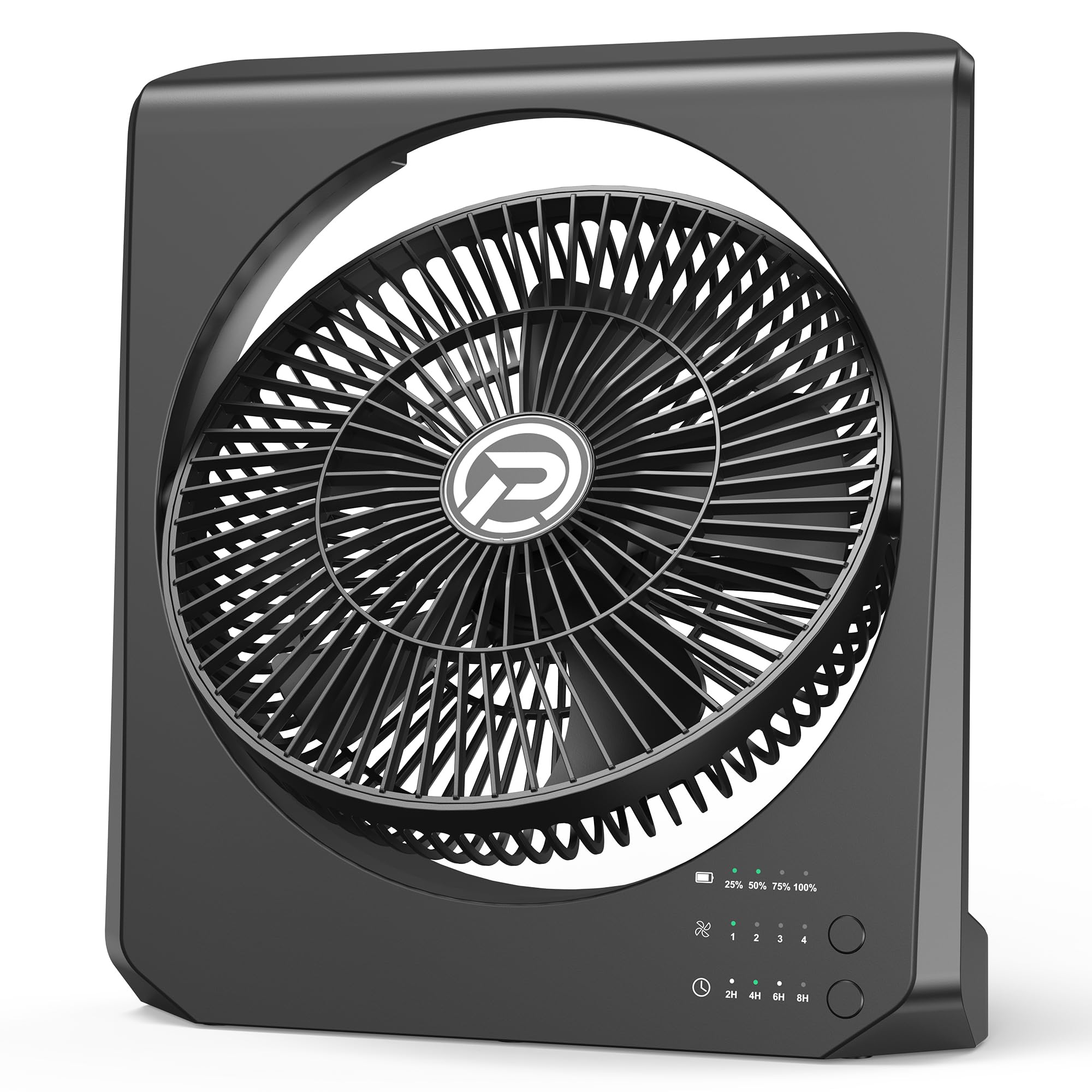 ASKPULION 10" Portable Table Fan, 210° Pivoting Quiet Air Circulator, 4 Adjustable Speeds with Strong Airflow & 8HRS Timer, Rechargeable Box Fan for Bathroom Bedroom Kitchen Office and Outdoor