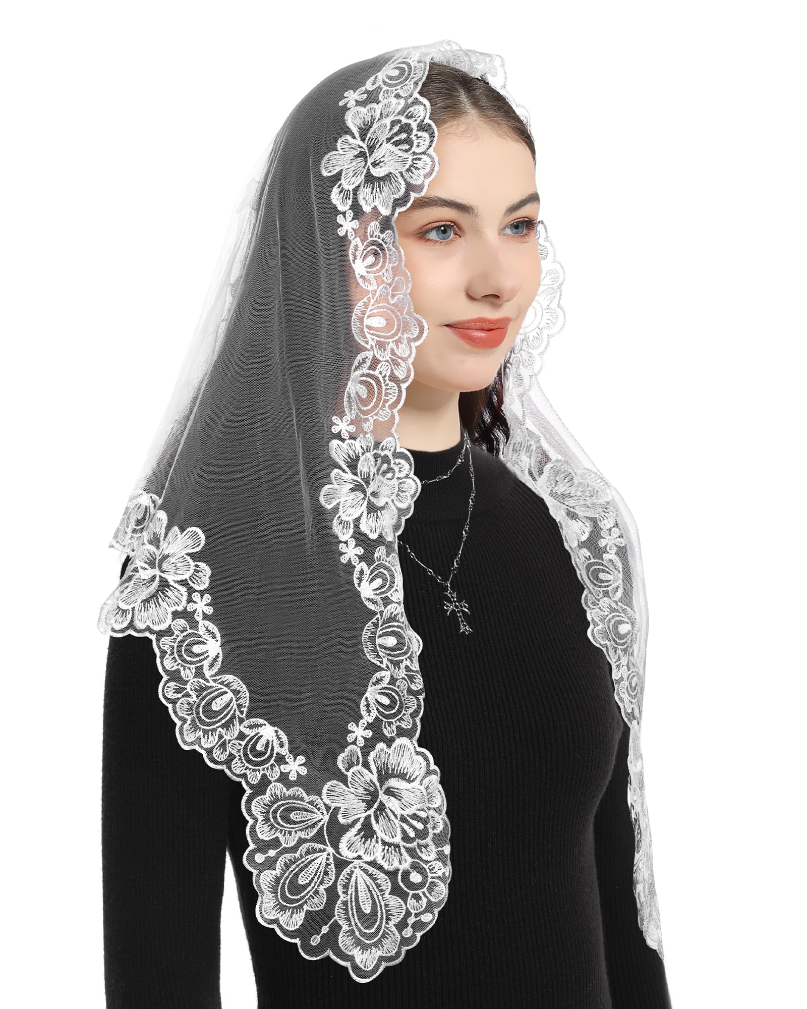 Bozidol Church Veil Triangular Mantilla - Cross Chalice Embroidered Vintage Catholic Mass Veil for Women