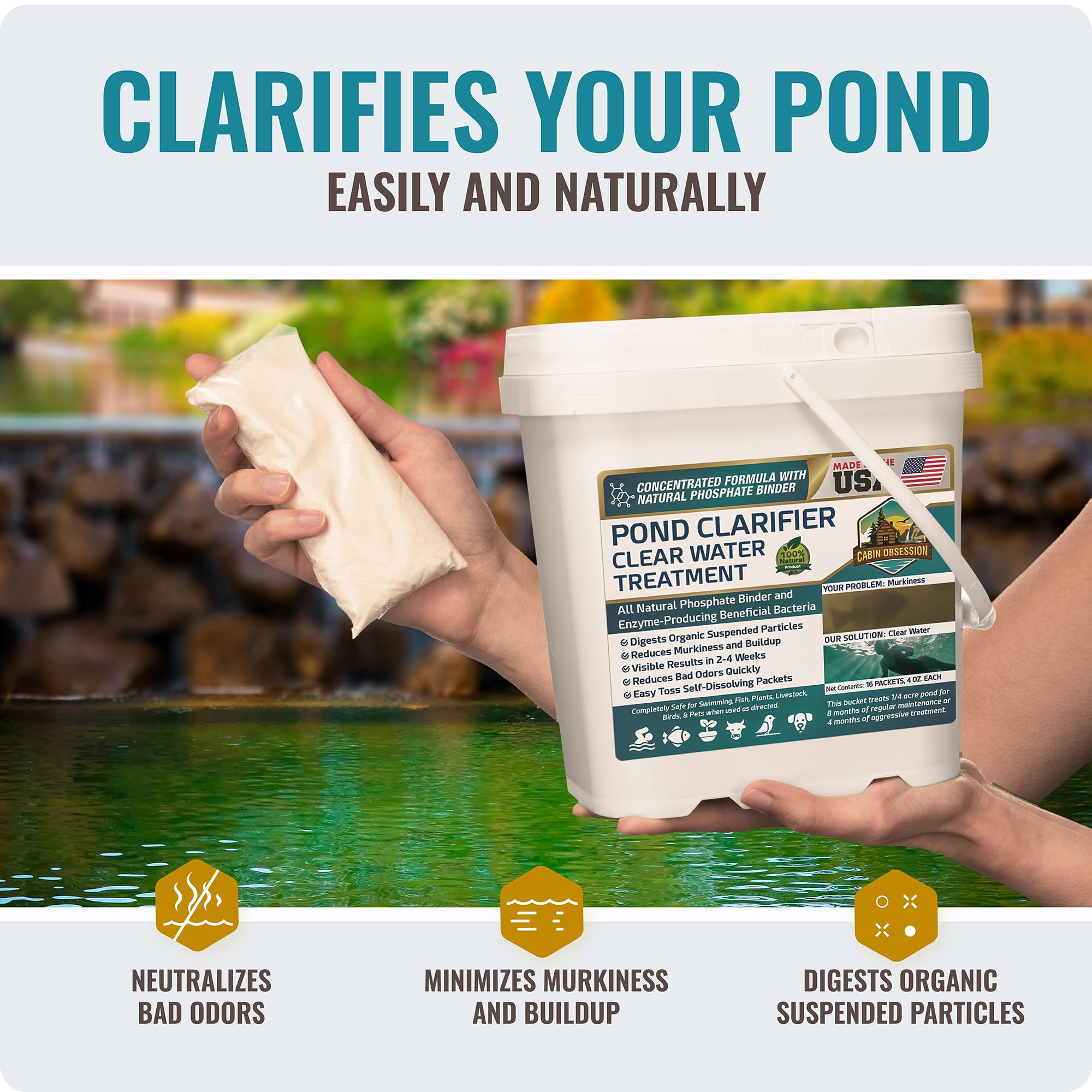 Pond Clear Water Treatment - 16 Pack for 8 Months of Pond Cleaner Supply - Pond Clarifier for Outdoor Ponds – 100% Natural Pond Bacteria Packets - Made in The USA - Safe for Fish, Pets, and Swimming