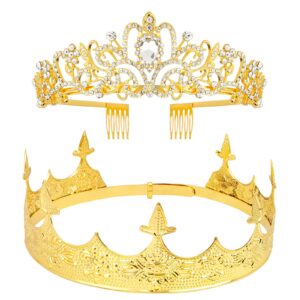 velscrun 2 pcs crown for men women, crowns for men metal, gold king queen crown tiaras for women, prince crown princess tiaras for girls, birthday prom wedding halloween party hair accessories