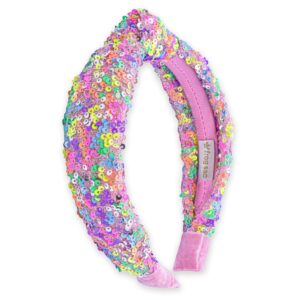 frog sac sequin knot headband for girls, rainbow knotted hair bands accessories for kids, sparkly iridescent little girl headbands, cute sequined hairbands for tweens back to school