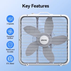 shinic 20 Inch Box Fan,3-Speed Cooling Fan for Air Circulation with Easy Carry Handle and Safety Grills,Powerful Fan for Indoor Use Home Garage and workshop,White