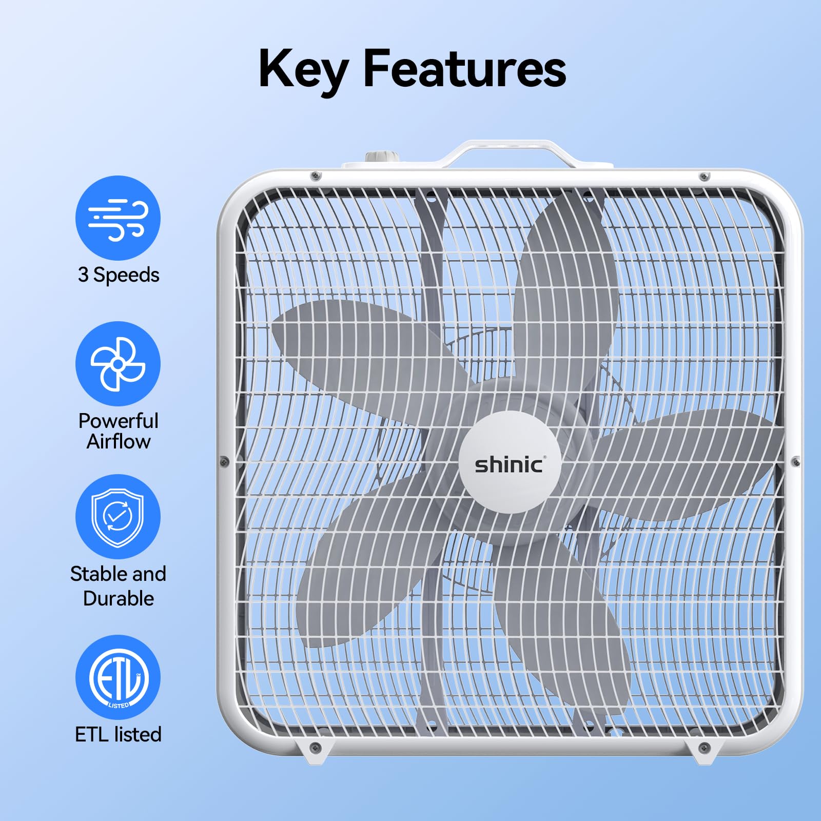 shinic 20 Inch Box Fan,3-Speed Cooling Fan for Air Circulation with Easy Carry Handle and Safety Grills,Powerful Fan for Indoor Use Home Garage and workshop,White