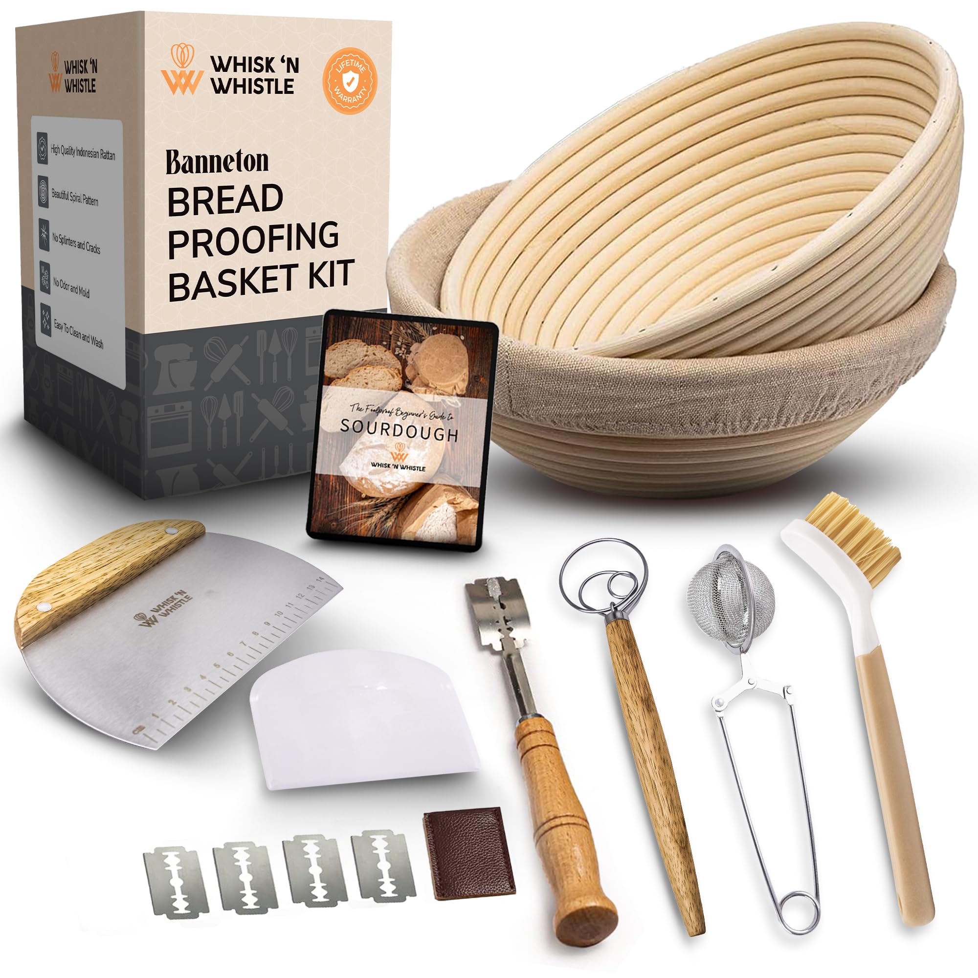 Banneton Bread Proofing Basket Set - 2x Round 9 inch Baskets Sourdough Bread Baking Supplies Sour Dough Scoring Tool - Proofing Bowls for Sourdough Bread Making Tools