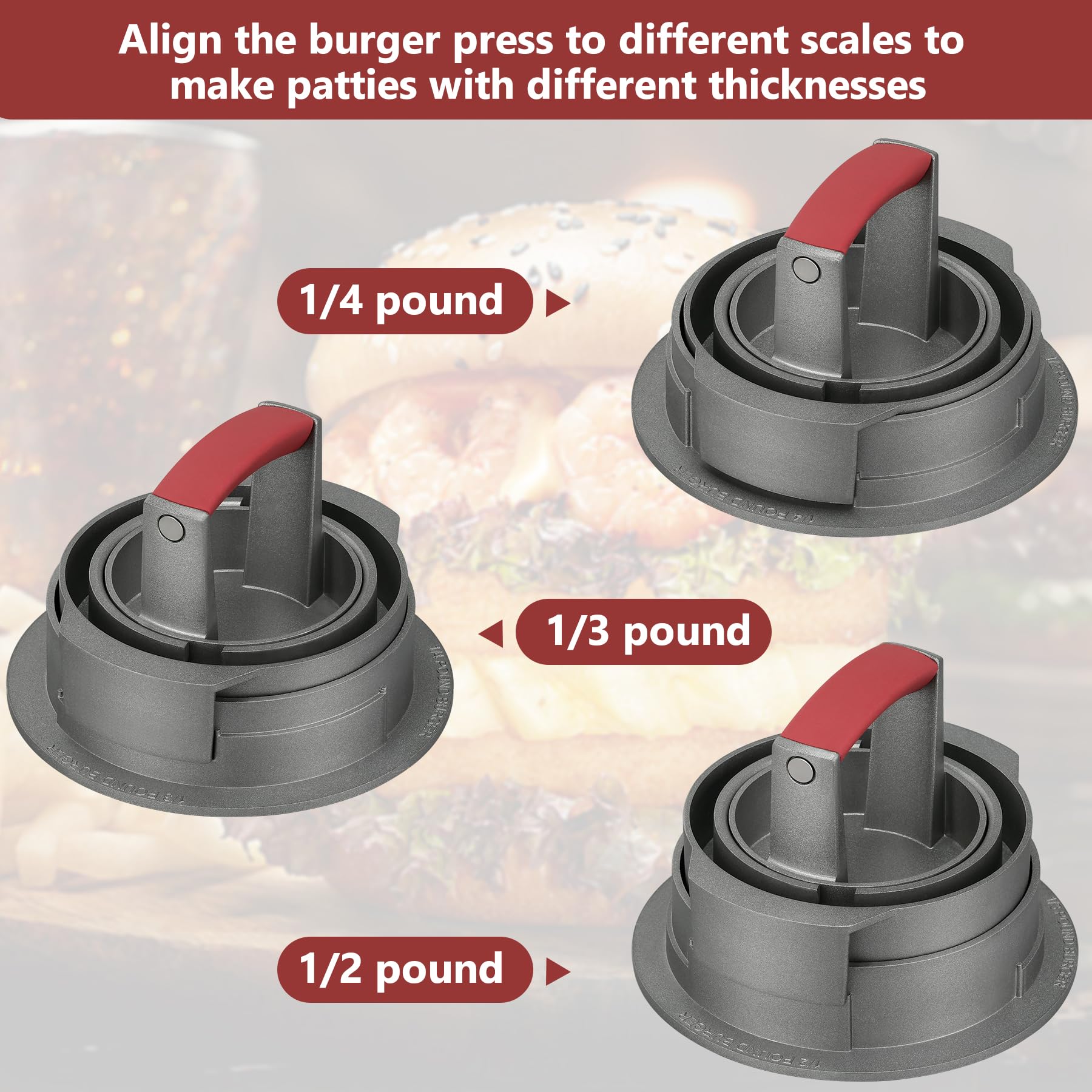 PIQUEBAR Burger Press Patty Maker 3 in 1 Stuffed Heavy Duty Hamburger Patty Maker Adjustable Burger Mold 1/2 1/3 1/4 lb Non-Stick with 100 Patty Papers