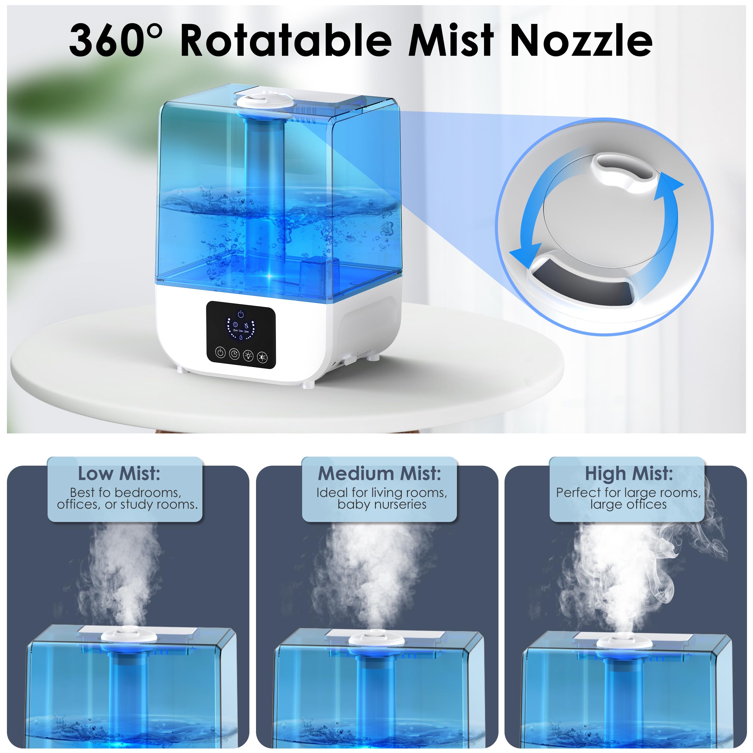 Humidifiers for Bedroom, 5L Cool Mist Humidifier Large Room, Up to 50 Hours, Ultra Quiet Under 30 dB, 7 Color Light, Timer, Essential Oil Diffuser, Top Fill Air Humidifiers for Baby, Plants