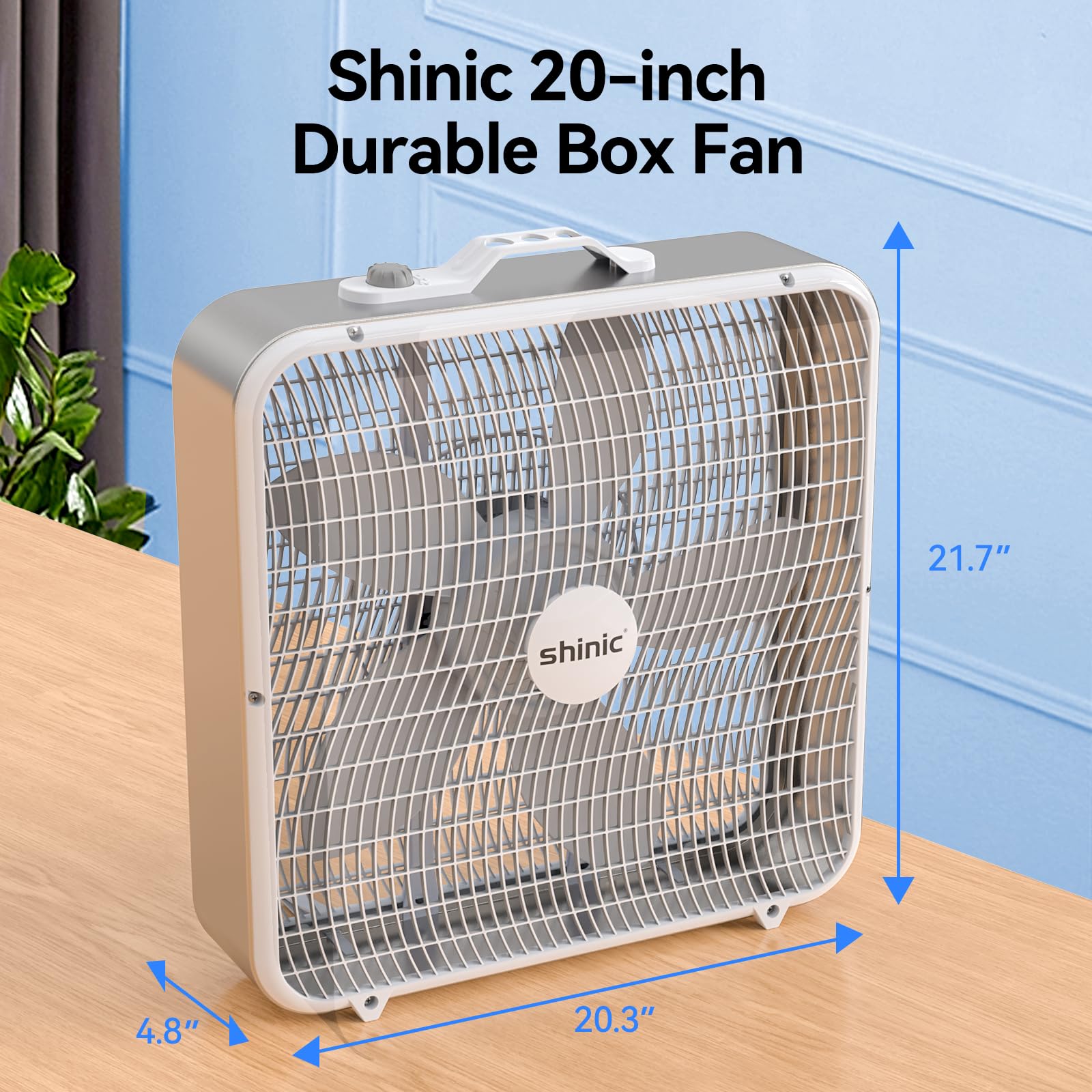 shinic 20 Inch Box Fan,3-Speed Cooling Fan for Air Circulation with Easy Carry Handle and Safety Grills,Powerful Fan for Indoor Use Home Garage and workshop,White