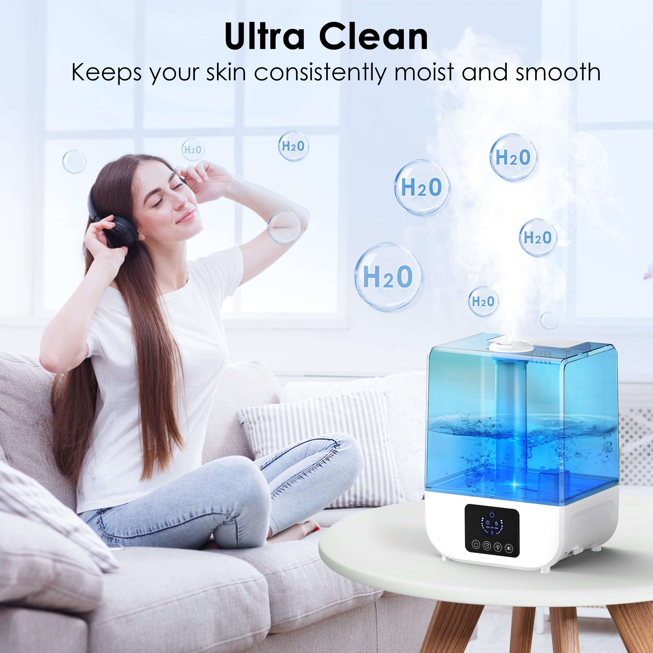 Humidifiers for Bedroom, 5L Cool Mist Humidifier Large Room, Up to 50 Hours, Ultra Quiet Under 30 dB, 7 Color Light, Timer, Essential Oil Diffuser, Top Fill Air Humidifiers for Baby, Plants