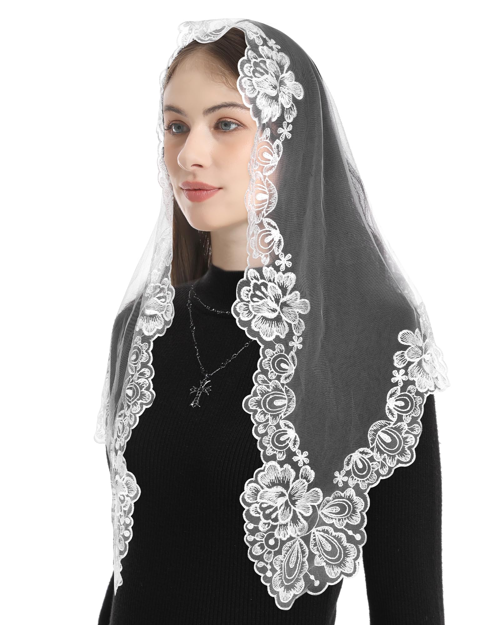 Bozidol Church Veil Triangular Mantilla - Cross Chalice Embroidered Vintage Catholic Mass Veil for Women