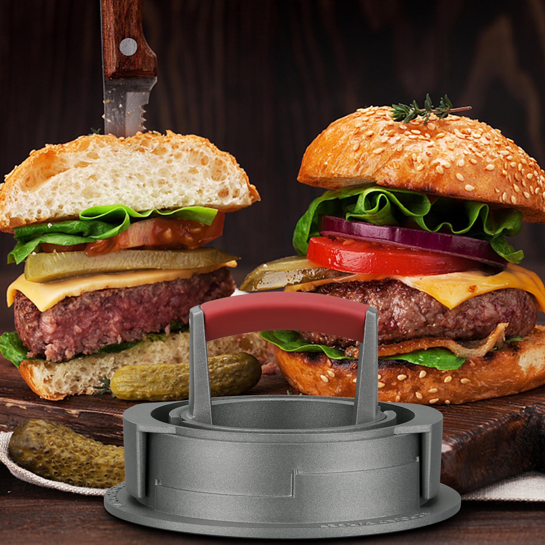 PIQUEBAR Burger Press Patty Maker 3 in 1 Stuffed Heavy Duty Hamburger Patty Maker Adjustable Burger Mold 1/2 1/3 1/4 lb Non-Stick with 100 Patty Papers