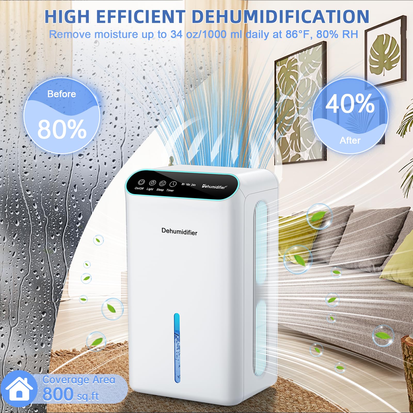 Dehumidifiers for Home, Up to 800 Sq.ft, 86oz Water Tank, Dehumidifiers for Bedroom with Essential Oil Diffuser, 7 Color LED Light, 24H Timer, Auto Shut-off, Ideal for Bathroom Basement Closet RV