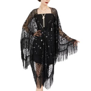 sweetv women's 1920s shawl wraps,sequin fringe flapper evening shawls for women formal/party/wedding/formal/harlem night,1920s accessories for women,black 2