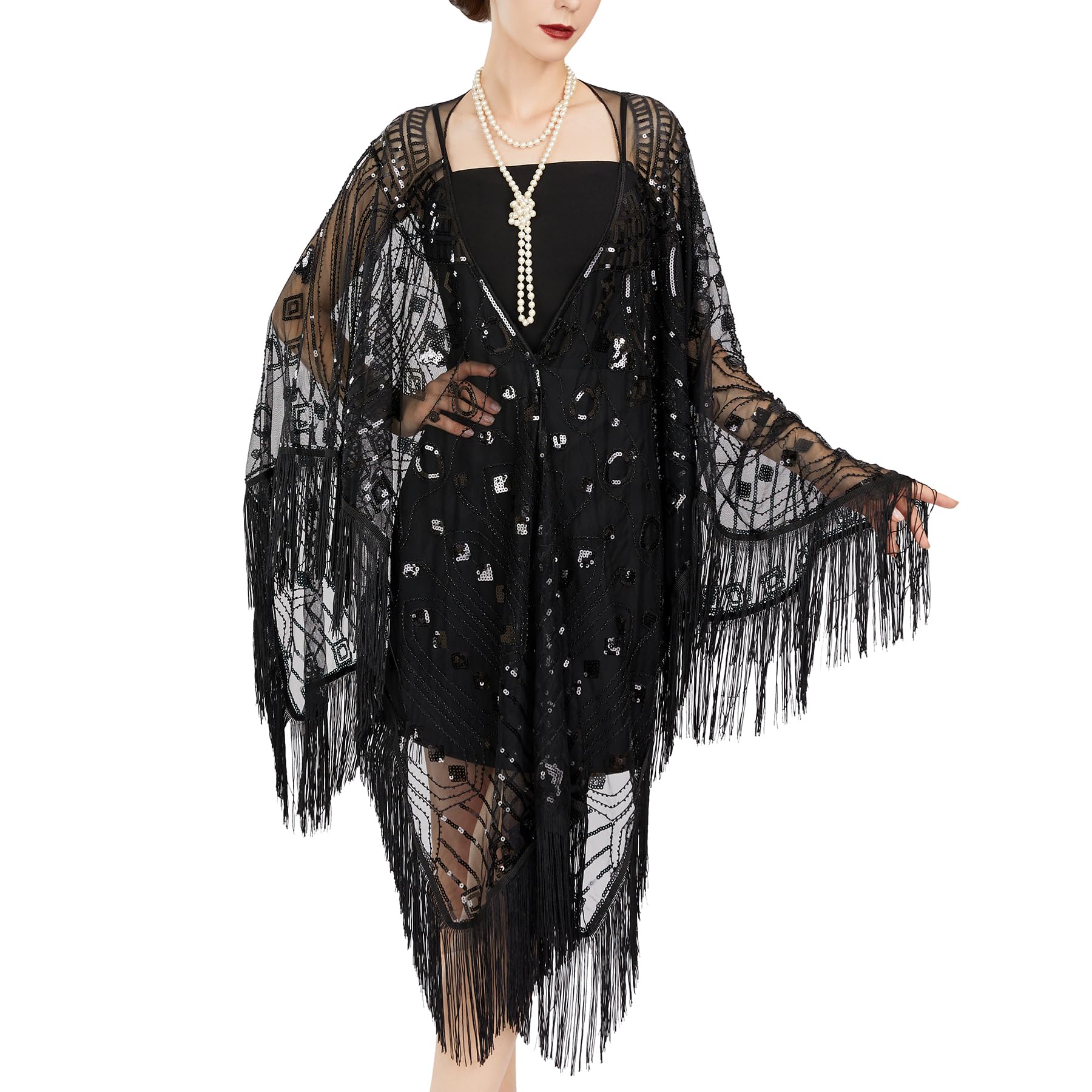 SWEETV Women's 1920s Shawl Wraps,Sequin Fringe Flapper Evening Shawls for women Formal/Party/Wedding/Formal/Harlem night,1920s Accessories for Women,Black 2