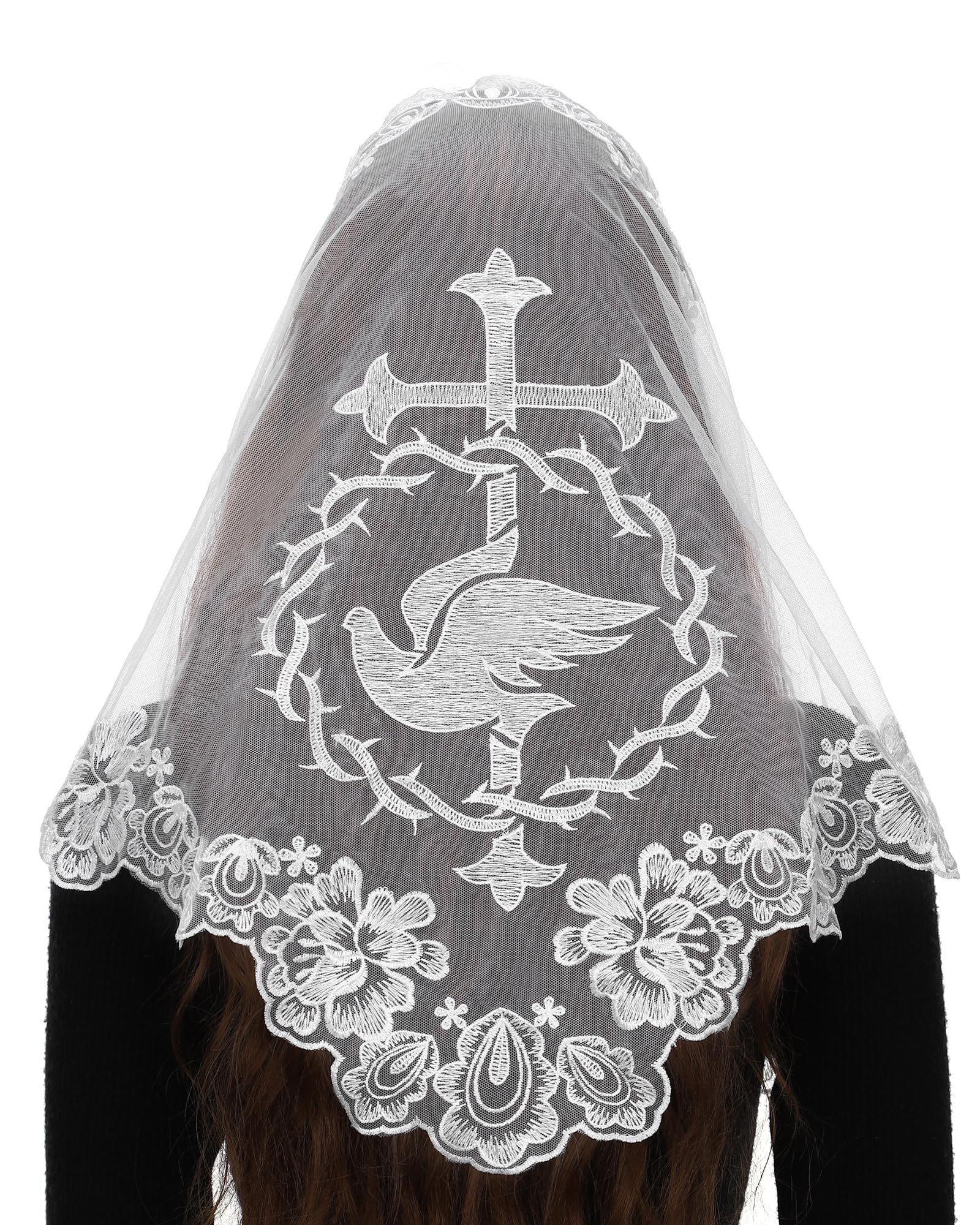 Bozidol Church Veil Triangular Mantilla - Cross Chalice Embroidered Vintage Catholic Mass Veil for Women