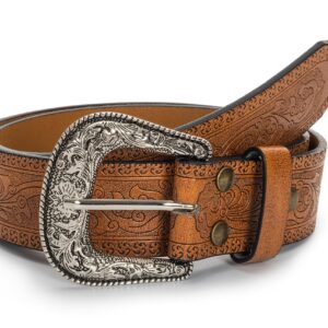 NociHah Retro-Western-Leather-Belts for Women and Men - Fashion Cowgirl Cowboy Waist-Belt Engrave Flower Buckle-Belt for Jeans Pants Dresses (Waist for 29"-39")