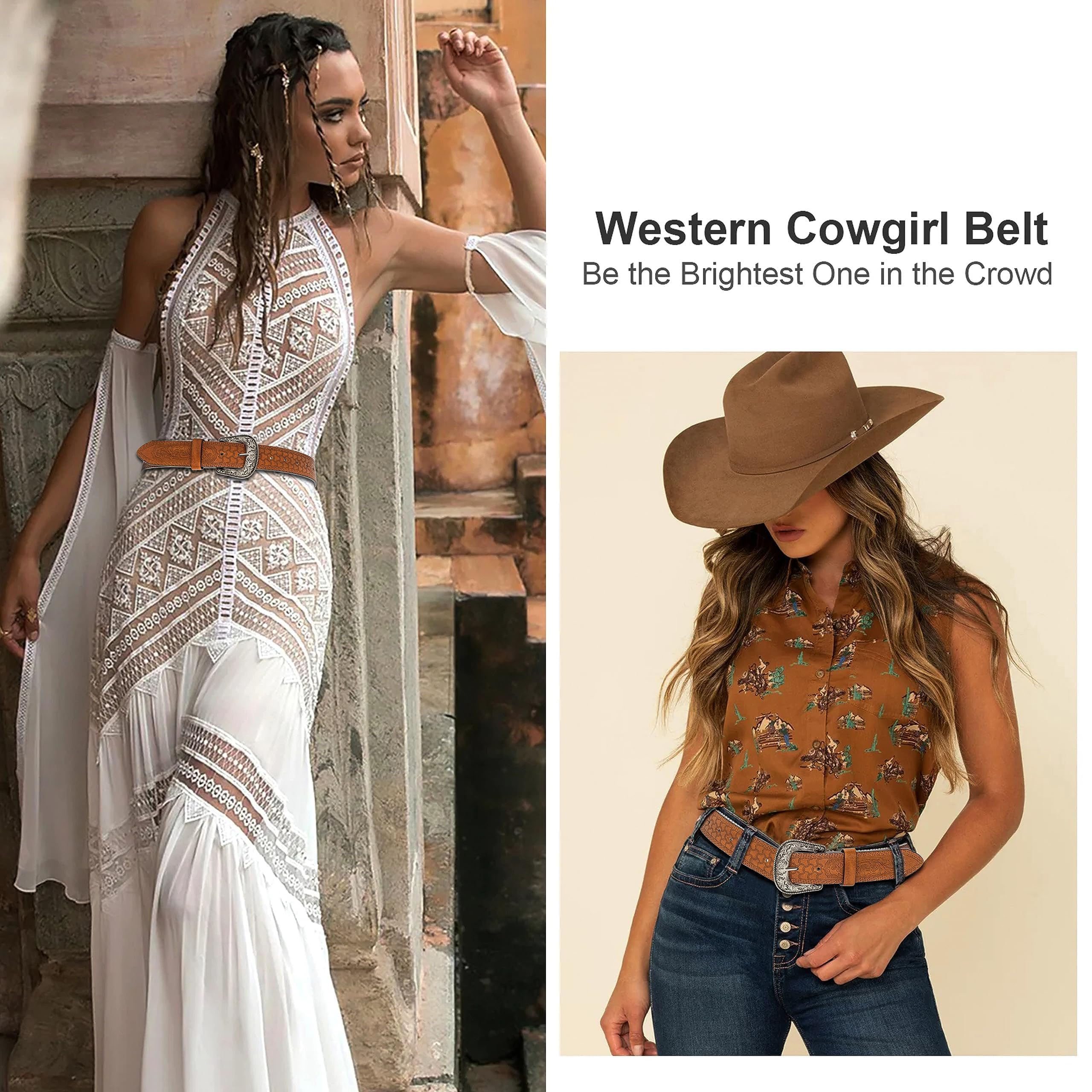 NociHah Retro-Western-Leather-Belts for Women and Men - Fashion Cowgirl Cowboy Waist-Belt Engrave Flower Buckle-Belt for Jeans Pants Dresses (Waist for 29"-39")