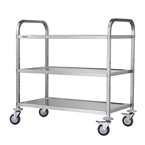 VEVOR Kitchen Utility Cart, 37.5"x19.7"x37.7" 3 Tiers Wire Rolling Cart, 450LBS Capacity Steel Service Cart with Brake Wheels, Storage Trolley with 80mm Basket PP Liner 6 Hooks, Indoor & Outdoor Use