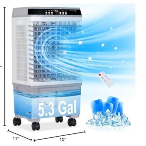 Uthfy Evaporative Air Cooler, Swamp Cooler with 5.3 Gallon Water Tank, 4 Ice Box, Remote, 12H Timer, 110°Oscillation, Portable Air Cooler Cooling Fan with 3 Speeds for Bedroom Home Office