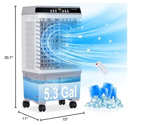 Uthfy Evaporative Air Cooler, Swamp Cooler with 5.3 Gallon Water Tank, 4 Ice Box, Remote, 12H Timer, 110°Oscillation, Portable Air Cooler Cooling Fan with 3 Speeds for Bedroom Home Office